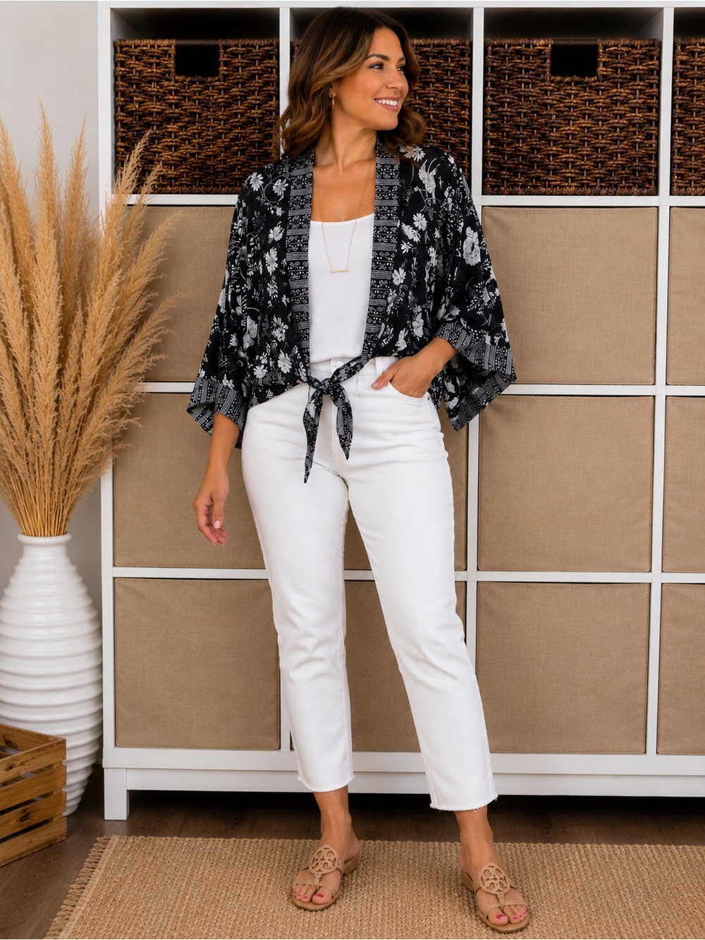 Citizens of Humanity Jeans, tank & Black Floral Tie-Front Kimono Jacket